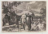 KG 02475
<br/>
Metamorfosen: Pyrrha en Deucalion vormen nieuwe mensen uit stenen na de zondvloed
<br/>
<em>Anoniem NL (16de - 17de eeuw)</em>